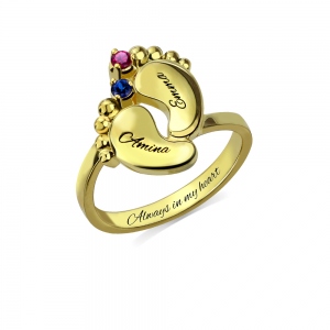 Engraved Baby Feet Birthstones Ring
