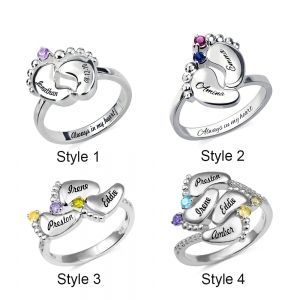 Engraved Baby Feet Birthstones Ring