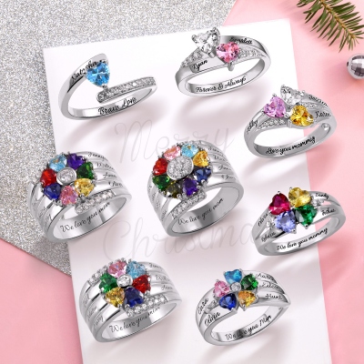 Christmas Gift For Mom, Birthstone Family Name Ring, Up to 8 Names, Personalized Birthstone Ring, Sterling Silver