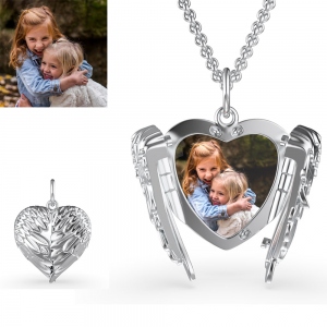 Engraved Angel Wings Heart Photo Locket Sterling Silver Necklace