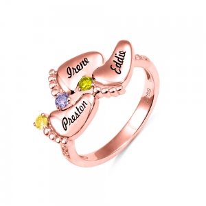 Engraved Baby Feet Birthstones Ring