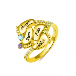 Engraved Baby Feet Birthstones Ring