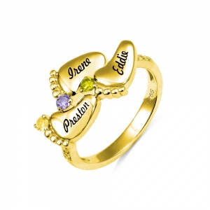 Engraved Baby Feet Birthstones Ring