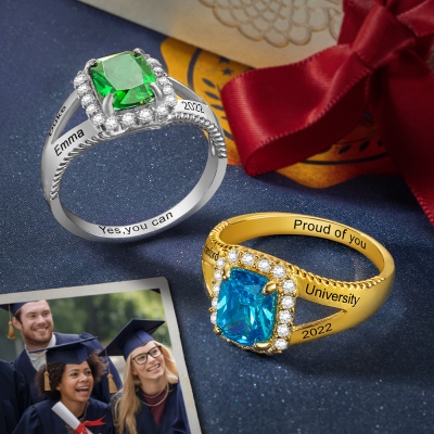 Personalized Birthstone Ring with Name, Mementos Jewelry for High School, Silver/Brass Class Ring, Graduation Gift for Women/Men