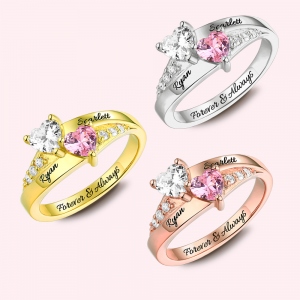 Custom Sterling Silver Engraved Double Heart Birthstone Ring with Engraved Names and Text, Mother's Day Birthday Gift for Her