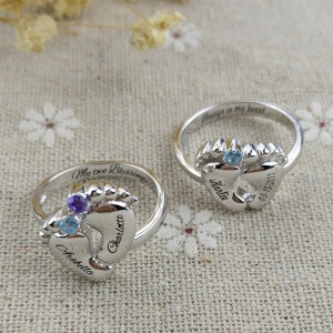 Engraved Baby Feet Birthstones Ring