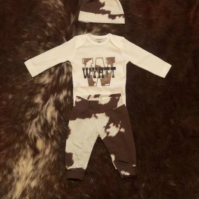 Country Boy Personalized Coming Home Outfit, Cow Hide Country Baby Boy Outfit, Newborn Outfit, Baby Shower Gift, Boy Layette, Little Cowboy