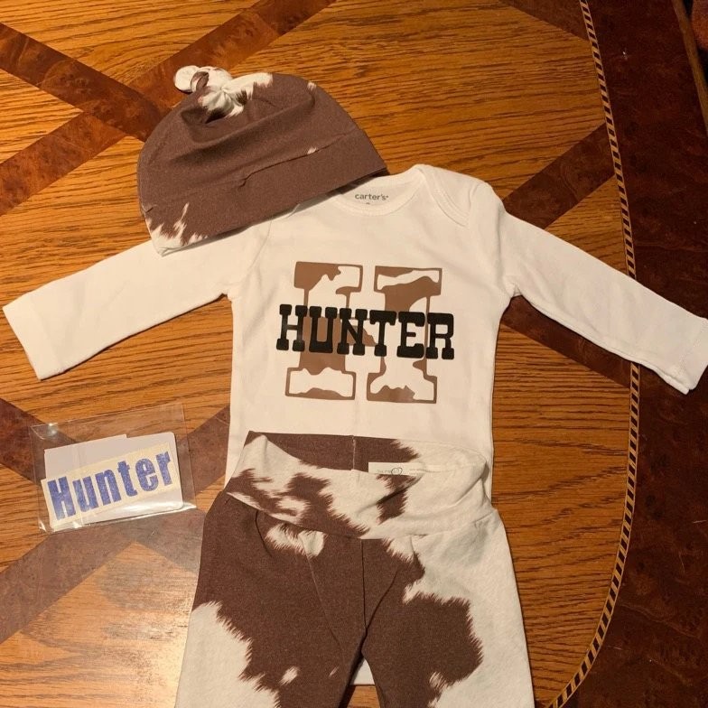 Country Boy Personalized Coming Home Outfit, Cow Hide Country Baby Boy Outfit, Newborn Outfit, Baby Shower Gift, Boy Layette, Little Cowboy