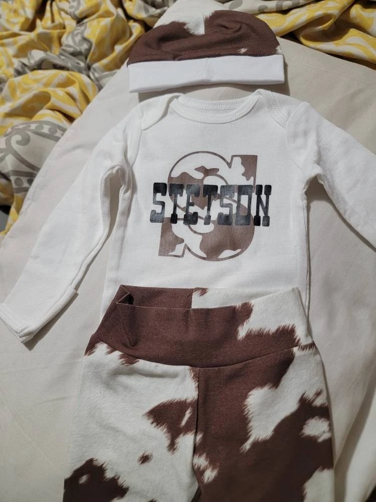 Country Boy Personalized Coming Home Outfit, Cow Hide Country Baby Boy Outfit, Newborn Outfit, Baby Shower Gift, Boy Layette, Little Cowboy