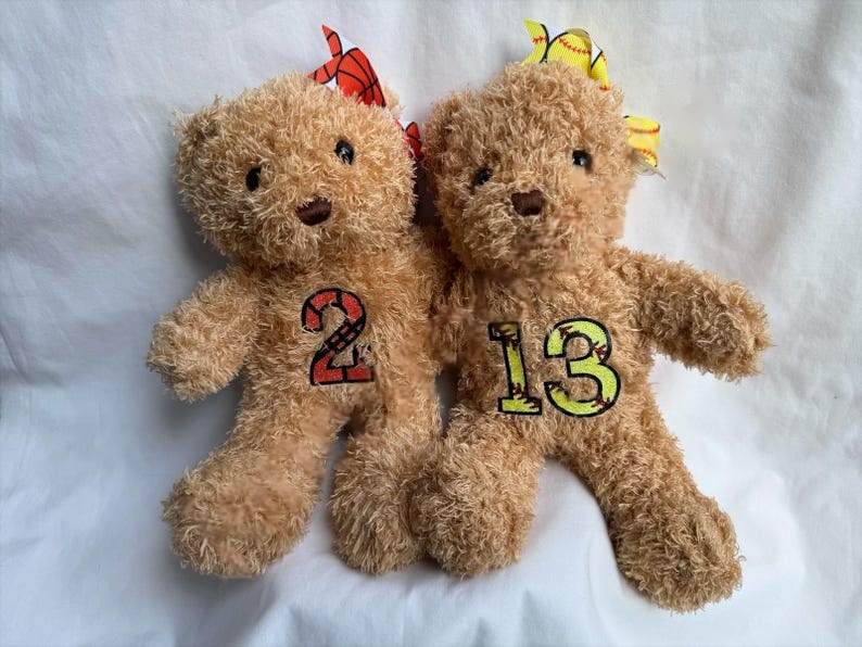 🎁BUY 2 FREE SHIPPING🎁Personalized Sport Number Stuffed Teddy Bear, Custom Gift Softball Plush Stuffed Animal, Cute Stuffed Bear Present, End of Season Gift