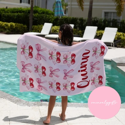 💗BUY 2 FREE SHIPPING💗 Pink Coquette Bows and Cherry Personalized Beach Towel For Girls