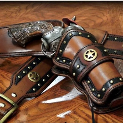 Western Leather Cartridge Belt With Ammo Loops And Hammer Strap Tie Down Revolver Holster Gun Cover . 22 .32 .357 .38 .44 .45