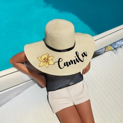 Personalisierter Sonnenhut mit Geburtsblume, Personalisierter Stroh-Strandhut für Flitterwochen, Junggesellinnenabschied, Geschenk für Frauen/Mädchen/Brautjungfern